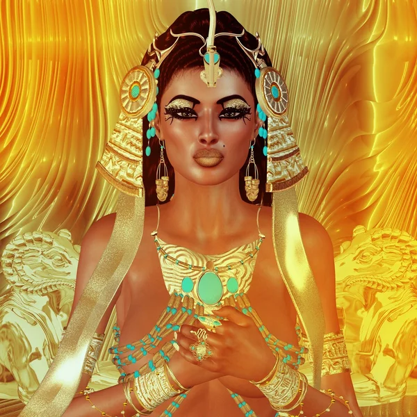 Egyptian woman, beads, beauty and gold in our digital art fantasy scene. — Stock Photo, Image