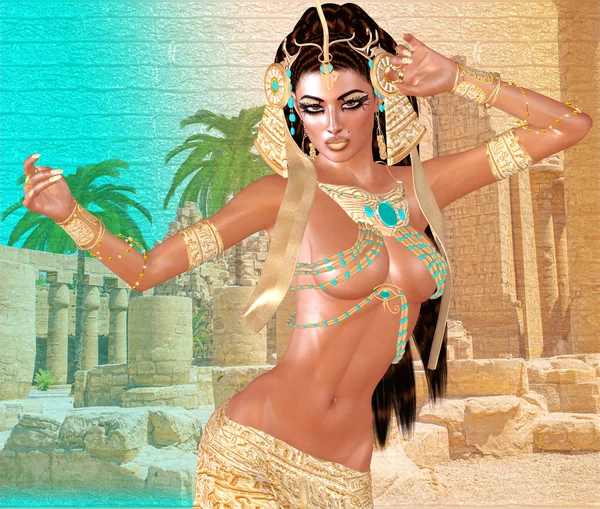 Egyptian woman, beads, beauty and gold in our digital art fantasy scene. — Stock Photo, Image