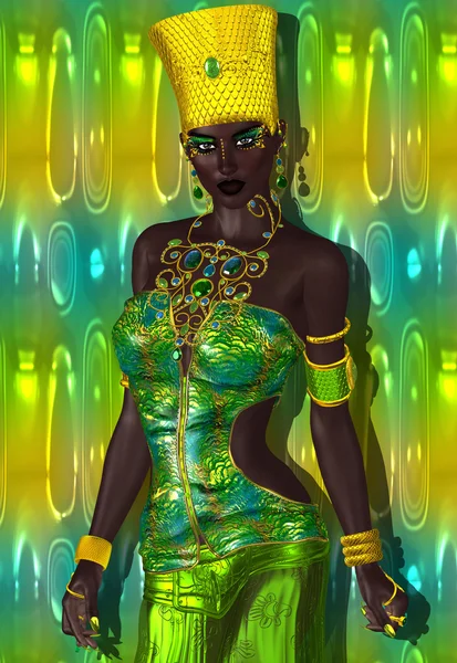 Egyptian woman, beads, beauty and gold in our digital art fantasy scene. — Stock Photo, Image