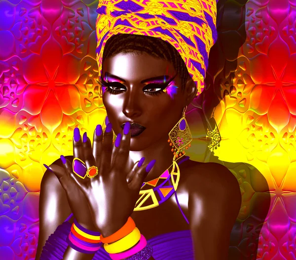 Belleza de moda afroamericana. Una impresionante imagen colorida de una hermosa mujer con maquillaje a juego, accesorios y ropa contra un fondo abstracto . — Foto de Stock