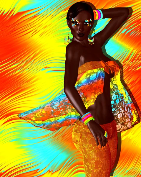 African American Fashion Beauty. A stunning colorful image of a beautiful woman with matching makeup, accessories and clothing against an abstract background. — Stock Photo, Image