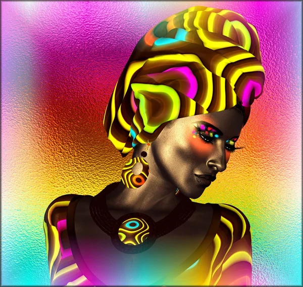 Afro-Amerikan moda güzellik. Makyaj, Aksesuar eşleme ve bir arka plan karşı giyim ile güzel bir kadın çarpıcı bir renkli görüntü.