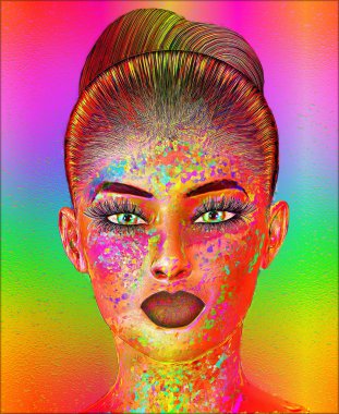 Bir kadının yüzünün renkli pop art görüntüsü.