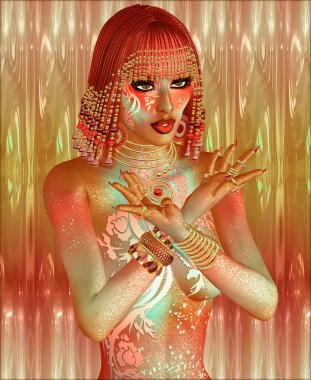 Mısır örgüler, boncuk, güzellik ve altın bizim dijital sanat fantezi sahnede sarılmış.