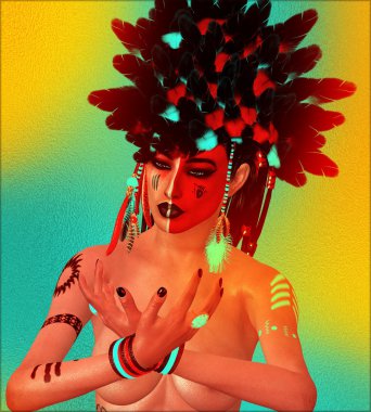 Boyalı yüz ve tüyleri ile Kızılderili Kızılderili