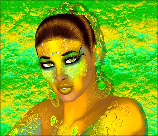 Exotic beauty and fashion scene with green makeup and glittering body paint. — Stock Photo, Image