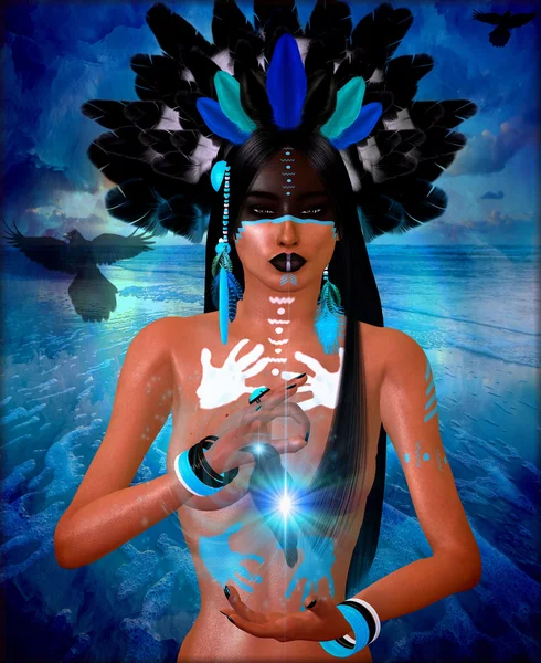Índio nativo americano com rosto pintado e penas — Fotografia de Stock