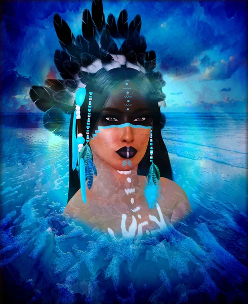 Native American Indian with painted face and feathers — Stock Photo, Image