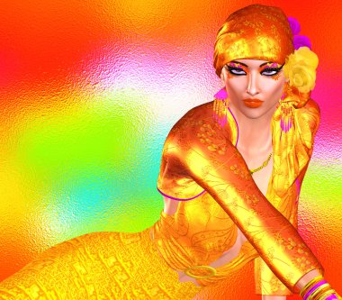 Baştan çıkarıcı moda ve güzellik görüntü eşleşen aksesuarları, makyaj, göz farı ve daha renkli bir kıyafet içinde bir kadının. 