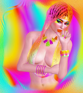 Baştan çıkarıcı moda ve güzellik görüntü eşleşen aksesuarları, makyaj, göz farı ve daha renkli bir kıyafet içinde bir kadının. 