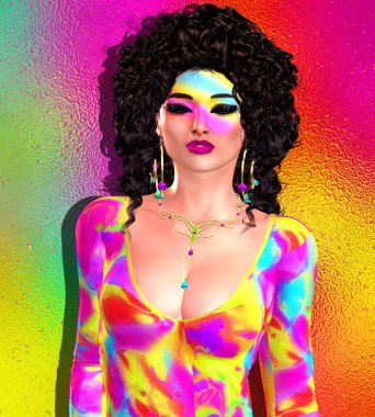 Esmer güzellik ve moda makyaj görüntü. Renkli soyut arka plan, Latin lezzet ile 3d render dijital sanat.