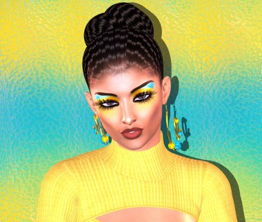 Esmer güzellik ve moda makyaj görüntü. Renkli soyut arka plan, Latin lezzet ile 3d render dijital sanat.