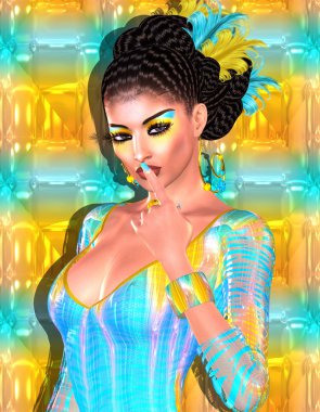 Esmer güzellik ve moda makyaj görüntü. Renkli soyut arka plan, Latin lezzet ile 3d render dijital sanat.