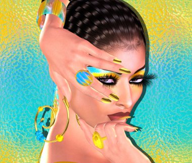 Esmer güzellik ve moda makyaj görüntü. Renkli soyut arka plan, Latin lezzet ile 3d render dijital sanat.
