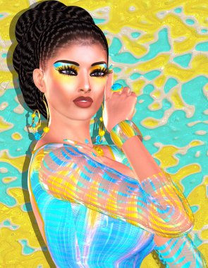 Esmer güzellik ve moda makyaj görüntü. Renkli soyut arka plan, Latin lezzet ile 3d render dijital sanat.