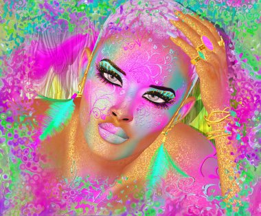 Renkli soyut, kadın güzel moda, makyaj, kısa saç modeli ve vücut pai ile uzun kirpik