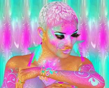 Renkli soyut, kadın güzel moda, makyaj, kısa saç modeli ve vücut pai ile uzun kirpik