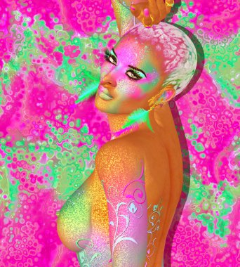 Renkli soyut, kadın güzel moda, makyaj, kısa saç modeli ve vücut pai ile uzun kirpik