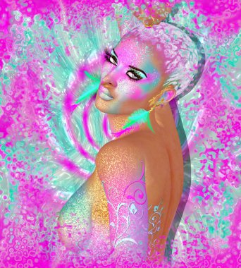 Renkli soyut, kadın güzel moda, makyaj, kısa saç modeli ve vücut pai ile uzun kirpik