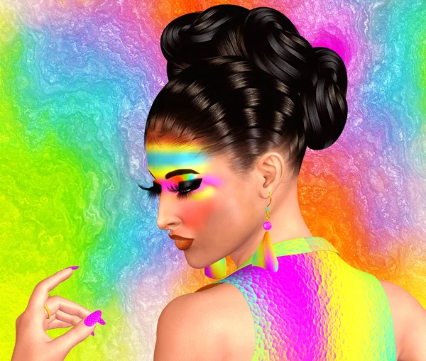 Morena belleza y la imagen de maquillaje de moda. Fondo abstracto colorido, arte digital de la representación 3d con el sabor latino . — Foto de Stock