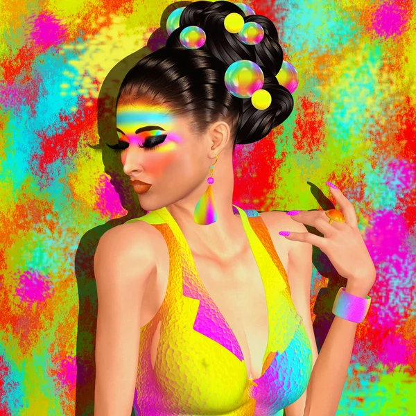 Brunette beauty and fashion makeup image. Colorful abstract background, 3d render digital art with Latin flavor. — Stock Photo, Image