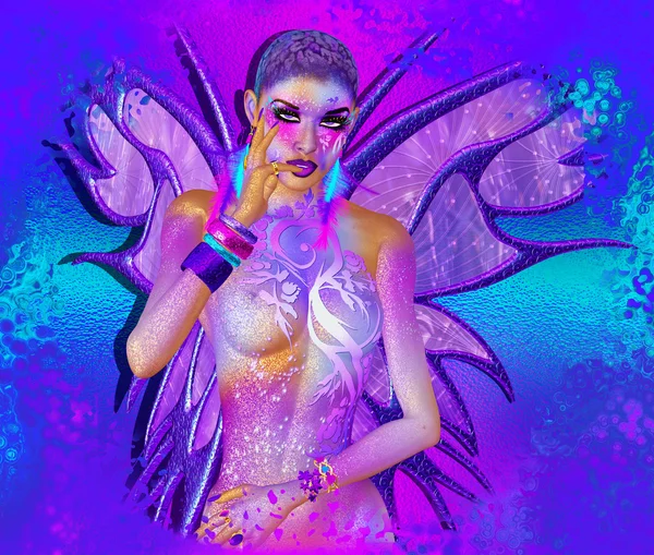 Fairy magical fantasy with wings in purple. Beautiful eye shadow, fashion makeup and glittering body paint. — Stock Photo, Image