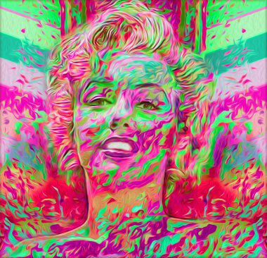 Bir kadının yüzüne, modern dijital sanat görüntü renkli arka plan ile yakından.