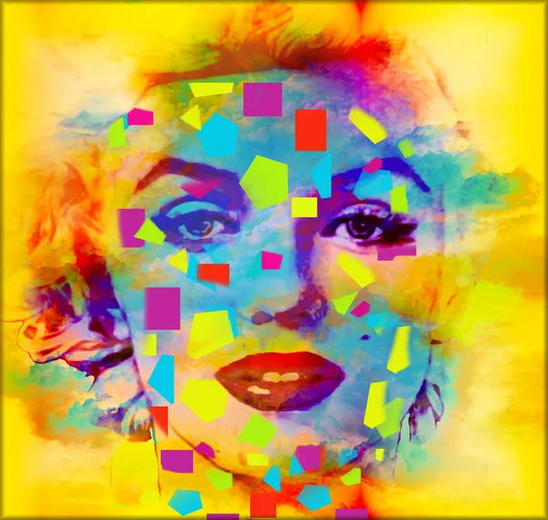 现代数字艺术形象的一张女人的脸，密切联系多彩抽象背景. — 图库照片