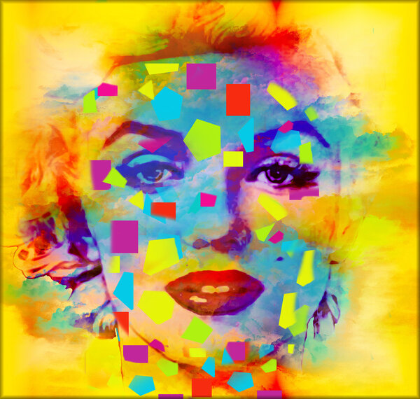 Modern digital art image of a woman's face, close up with colorful abstract background.