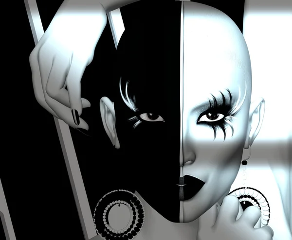 Schwarz-weißes Gesicht aus nächster Nähe mit modischem Make-up, langen Wimpern, Körperfarbe und schwarz-weißem Hintergrund — Stockfoto