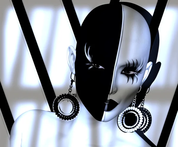 Zwart-wit gezicht close-up met mode make-up, lange wimpers, lichaam verf en zwart-witte achtergrond — Stockfoto