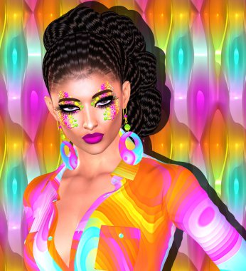 Uzun, parlak dalgalı saç ve renkli moda makyaj ile Esmer kız. Güzel 3d illüstrasyon modeli