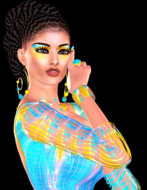 Uzun, parlak dalgalı saç ve renkli moda makyaj ile Esmer kız. Güzel 3d illüstrasyon modeli