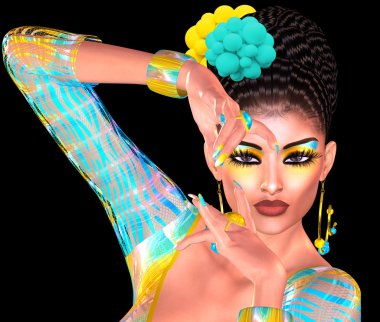 Uzun, parlak dalgalı saç ve renkli moda makyaj ile Esmer kız. Güzel 3d illüstrasyon modeli