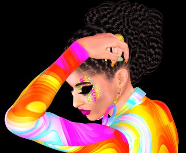 Serin hipster, uzun esmer saçlı öğrenci yaş kadın, renkli moda makyaj giyiyor. 3d render