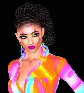 Serin hipster, uzun esmer saçlı öğrenci yaş kadın, renkli moda makyaj giyiyor. 3d render