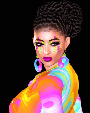 Serin hipster, esmer saçlı öğrenci yaş kadın, renkli moda makyaj giyiyor. 3d render