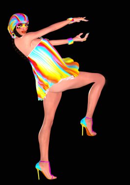 Serin hipster, öğrenci yaş kadın, dans, uzun esmer saç, renkli moda makyaj giyiyor. 3d render