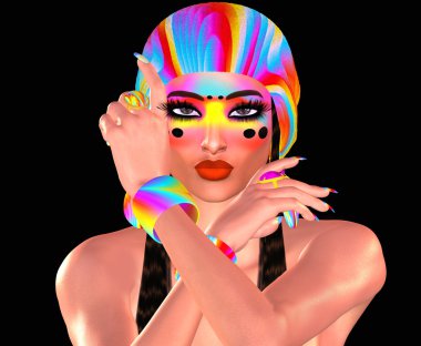 Renkli şapka ve moda makyaj giyen Cool hipster öğrenci kadın. 3d render illüstrasyon