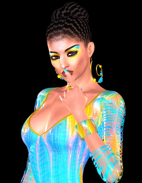 Chica morena con el pelo largo y brillante ondulado y maquillaje de moda de colores. Hermoso modelo de ilustración 3d —  Fotos de Stock