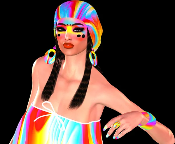 Cool hipster student vrouw dragen kleurrijke hoed en mode-make-up. 3D renderen illustratie — Stockfoto