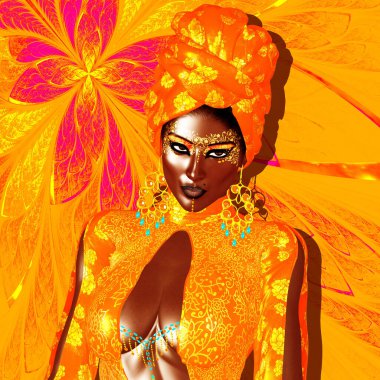 Afrika Kraliçesi, Moda Güzelliği. Güzel bir kadının çarpıcı renkli bir görüntüsü. Makyajı, aksesuarları ve kıyafetleri tropikal bir arka planda. 3D oluşturma Hiç bir modele gerek yok