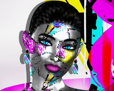 Bir kadının soyut yakın plan yüzü. Modern pop sanat tarzında bir kadının sanatsal görüntüsü. 3D görüntüleme, gerçek bir insan değil, model salınımına gerek yok.