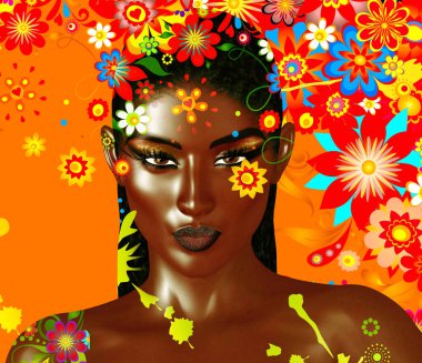 Rengarenk yaprakları dökülen bir kadının soyut çizimleri. Bu bir 3D dijital sanat eseri, hiçbir gerçek insan tasvir edilmiyor ya da gerekli modeller sunulmuyor..