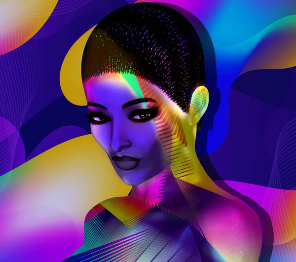 Abstract colors and makeup help create this Modern Digital Art Close up face of 3d digital model with a fashion hairstyle. Not a real person, no model releases necessary.