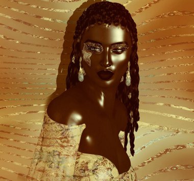 Afrika Kraliçesi, Moda Güzelliği. Benzersiz bir arka plan karşısında makyaj, aksesuar ve giysi ile güzel bir kadının çarpıcı renkli görüntüsü. 3D oluşturma Hiç bir modele gerek yok