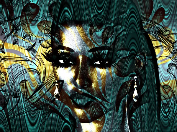 Türkis und Gold abstrakte Kunst des weiblichen Gesichts — Stockfoto