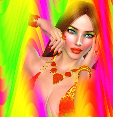 Modern dijital sanat, yakın çekim, kadının yüzüne renkli arka plan üzerinde.