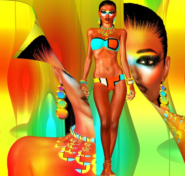 Bikini Model with Peel Back Effect, Colorful Digital Art. — Stock Photo, Image