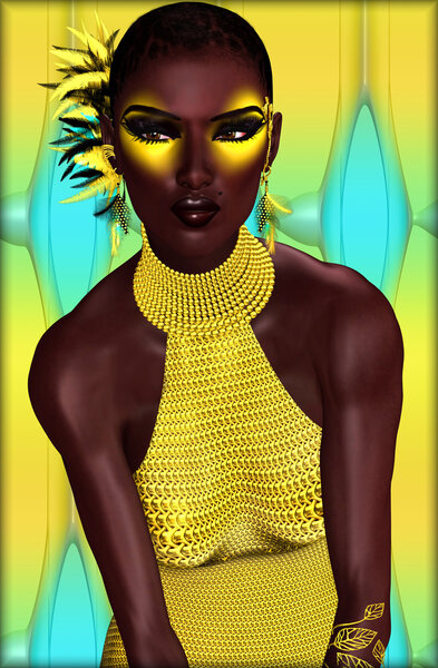 African woman wearing yellow eyeshadow that matches her dress.